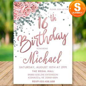 Editable Rose Gold 16th Birthday Invitation Instant Download
