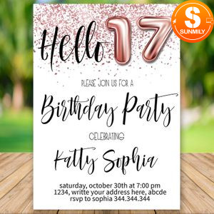 Editable Glitter Confetti 17th Birthday Invitation Instant Download