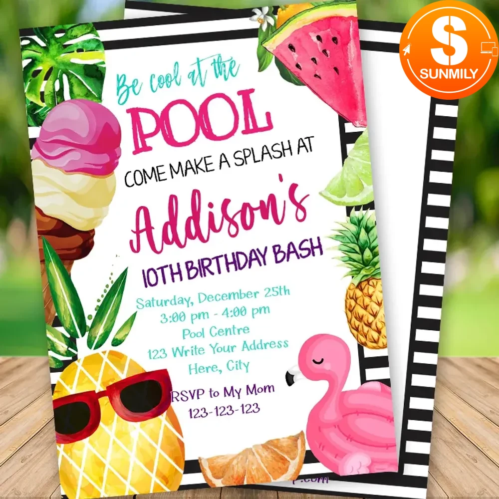 Editable Tropical Pool Party Birthday Invitation Instant Download | Sunmily