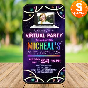 Electronic Glow Neon Virtual Party Electronic Invite Invitation with Photo Instant Download