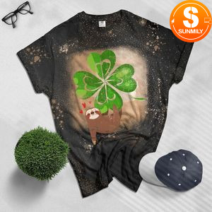 Sloth Shamrock St. Patricks Day Funny Sloth Irish Gift Bleached Shirt