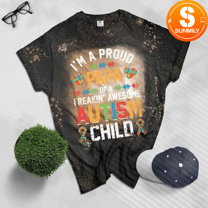 Mens I'm A Proud Papa Autistic Child Autism Awareness Bleached Shirt