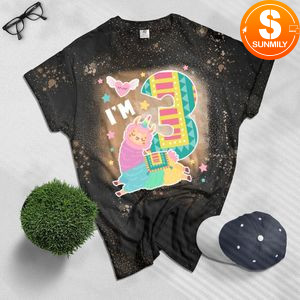 Llama I'm 3 year old Girl Theme 3rd B-day Farm Gift Bleached Shirt