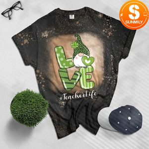 Love Teacher Life Gnome Leopard Shamrock St Patricks Day Bleached Shirt