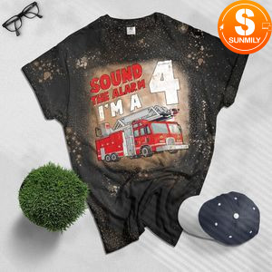 Fire Truck 4th Birthday Boy Bleached Shirt